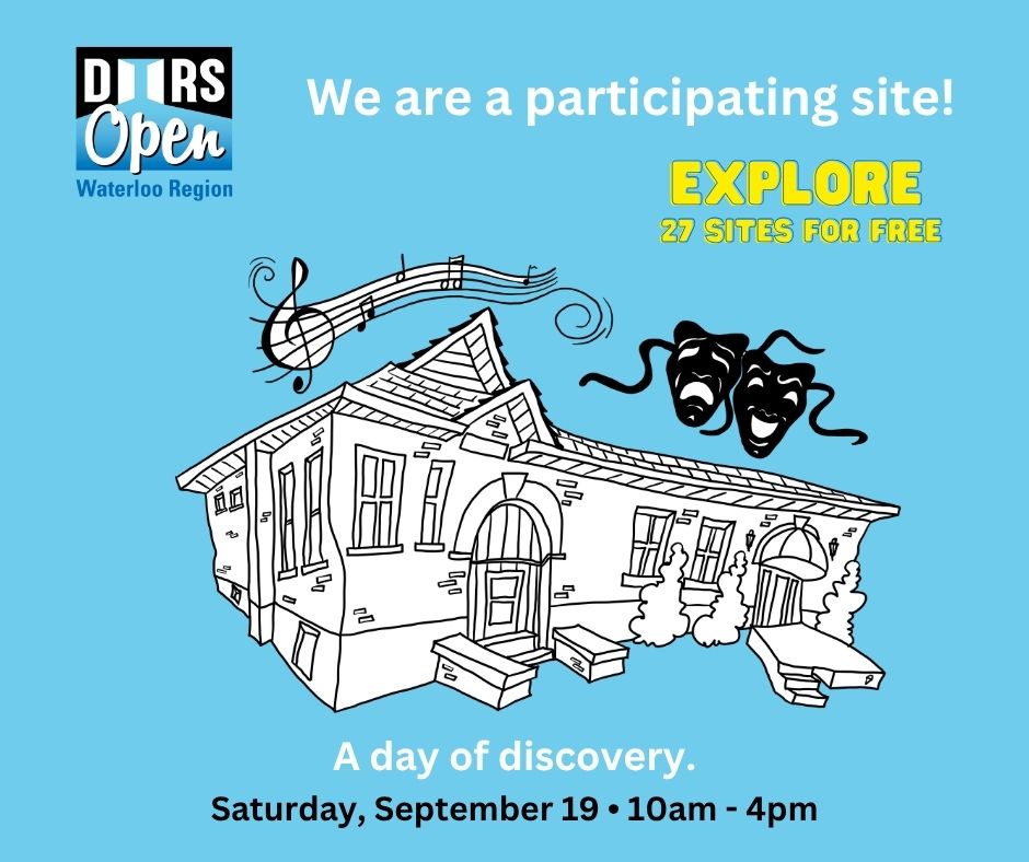 Doors Open graphic with black and white pencil sketch of the KWMP building